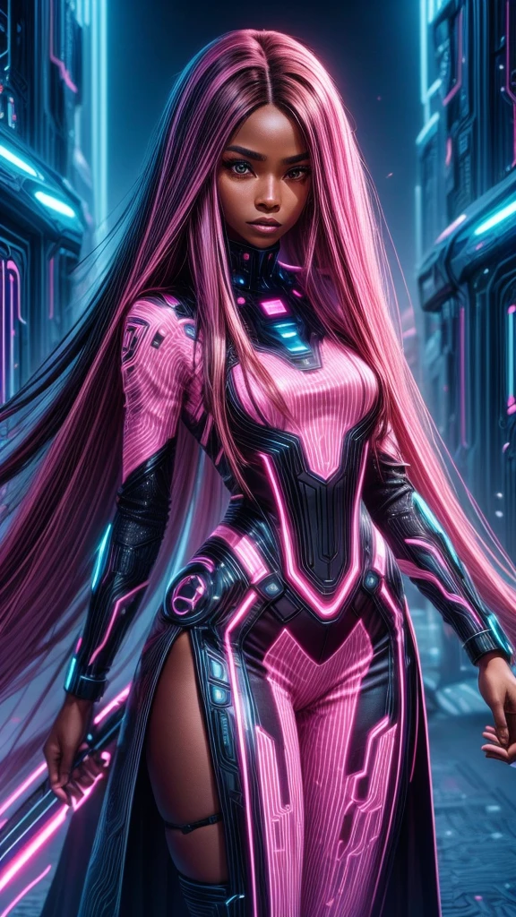 black woman with long dark brown straight hair, wearing futuristic and pink clothing, has pink streak in hair and brown eyes.