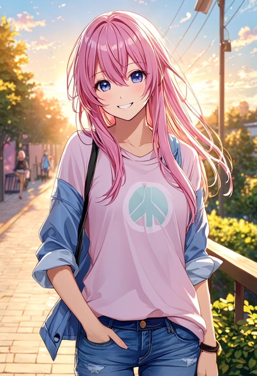 Megurine Luka smile casual clothes jeans pants colored morning peace upper body