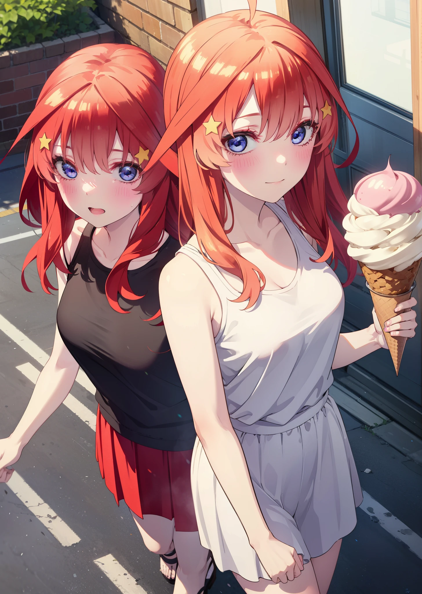 itsukinakano, Itsuki Nakano, bangs, blue eyes, Hair between the eyes, Ahoge, Redhead, star \(symbol\), hair ornaments, star hair ornaments,Red Tank Top,Long skirt,Heeled Sandals,Walking,smile,blush,Eating ice cream,Holding ice cream in one hand,whole bodyがイラストに入るように,
break outdoors, 海岸通り
break looking at viewer,whole body ,
break (masterpiece:1.2), Highest quality, High resolution, unity 8k wallpaper, (figure:0.8), (Beautiful attention to detail:1.6), Highly detailed face, Perfect lighting, Highly detailed CG, (Perfect hands, Perfect Anatomy),