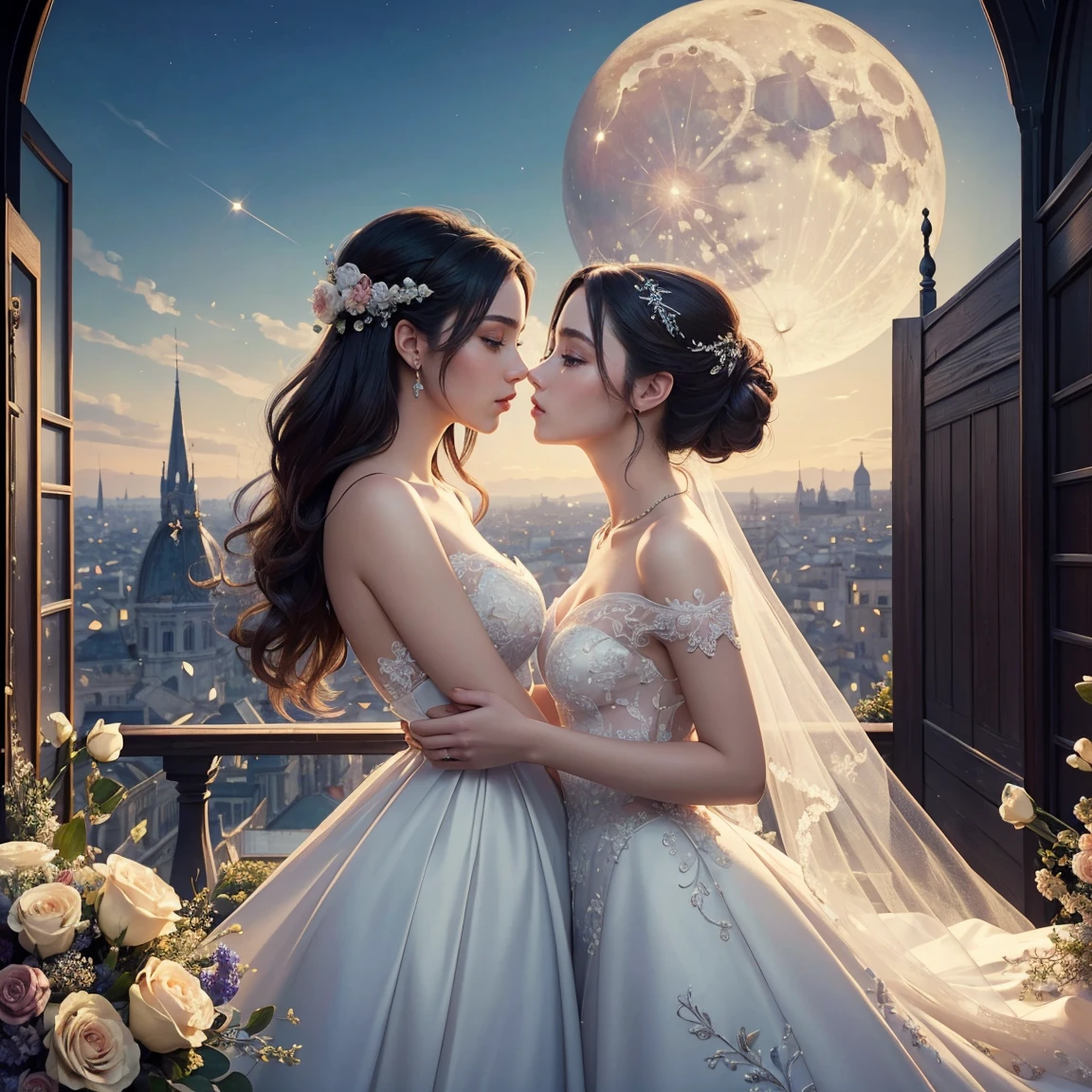 (masterpiece, highest quality, official art, beauty and aesthetic:1.5), perfect ???????, two stunning bride is deeply in love with each other, kiss, romantic atmosphere, flower and moon, magnificent panorama view