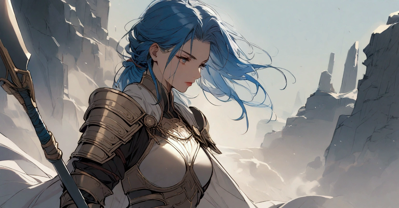 A warrior, woman warrior, blue hairs, holding a spear, wearing light armor