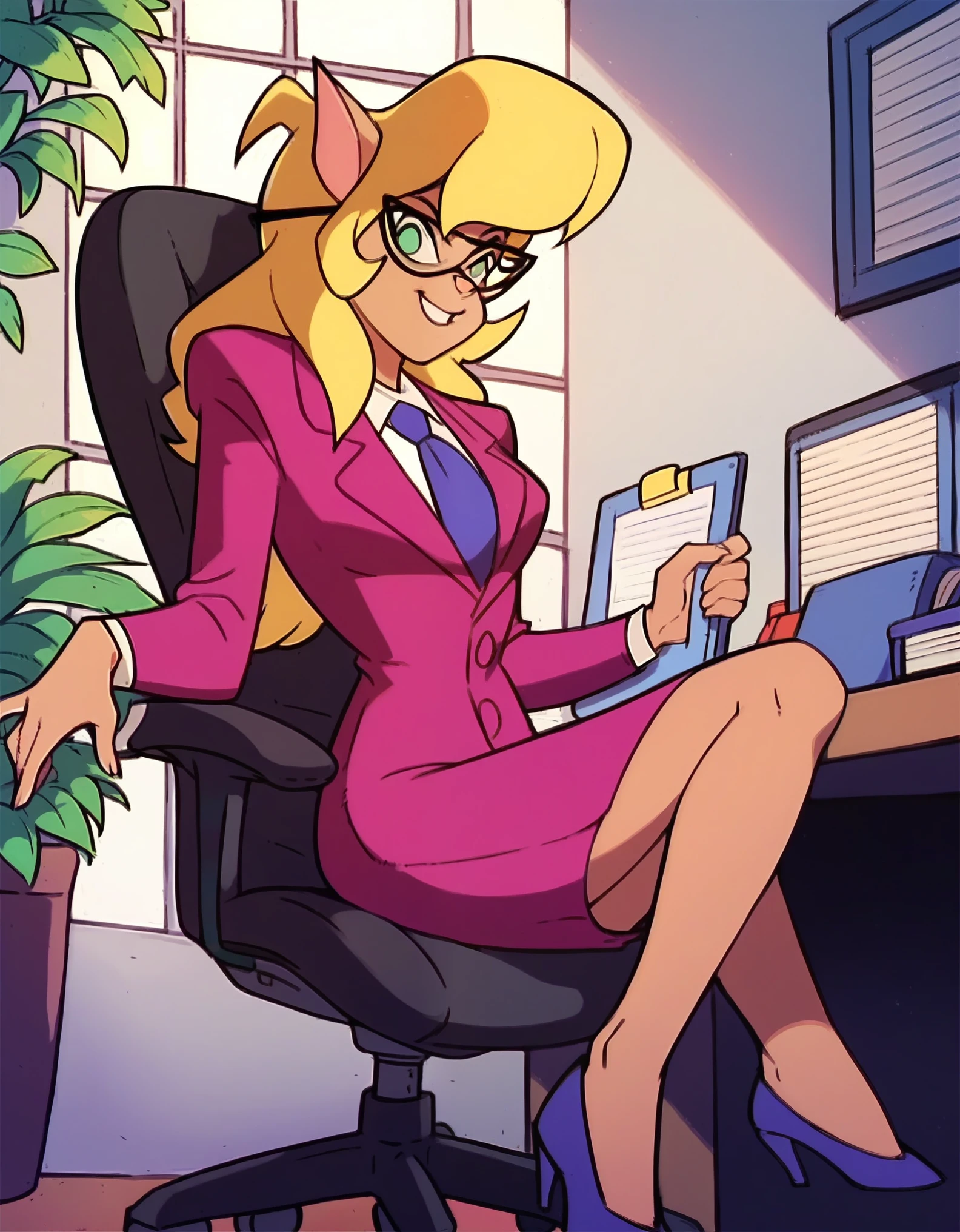 score_9, score_8_up, score_7_up, score_6_up, score_5_up, score_4_up, (Source furry), (rating safe),   1girl_solo, inside, looking at viewer, glasses, callie briggs, pink suit, detailed, detailed fur, sitting on chair, very large chair, very large and tall office chair,office, office chair, tall office chair swivel chair, leather office chair, leather office button back chair, desk,