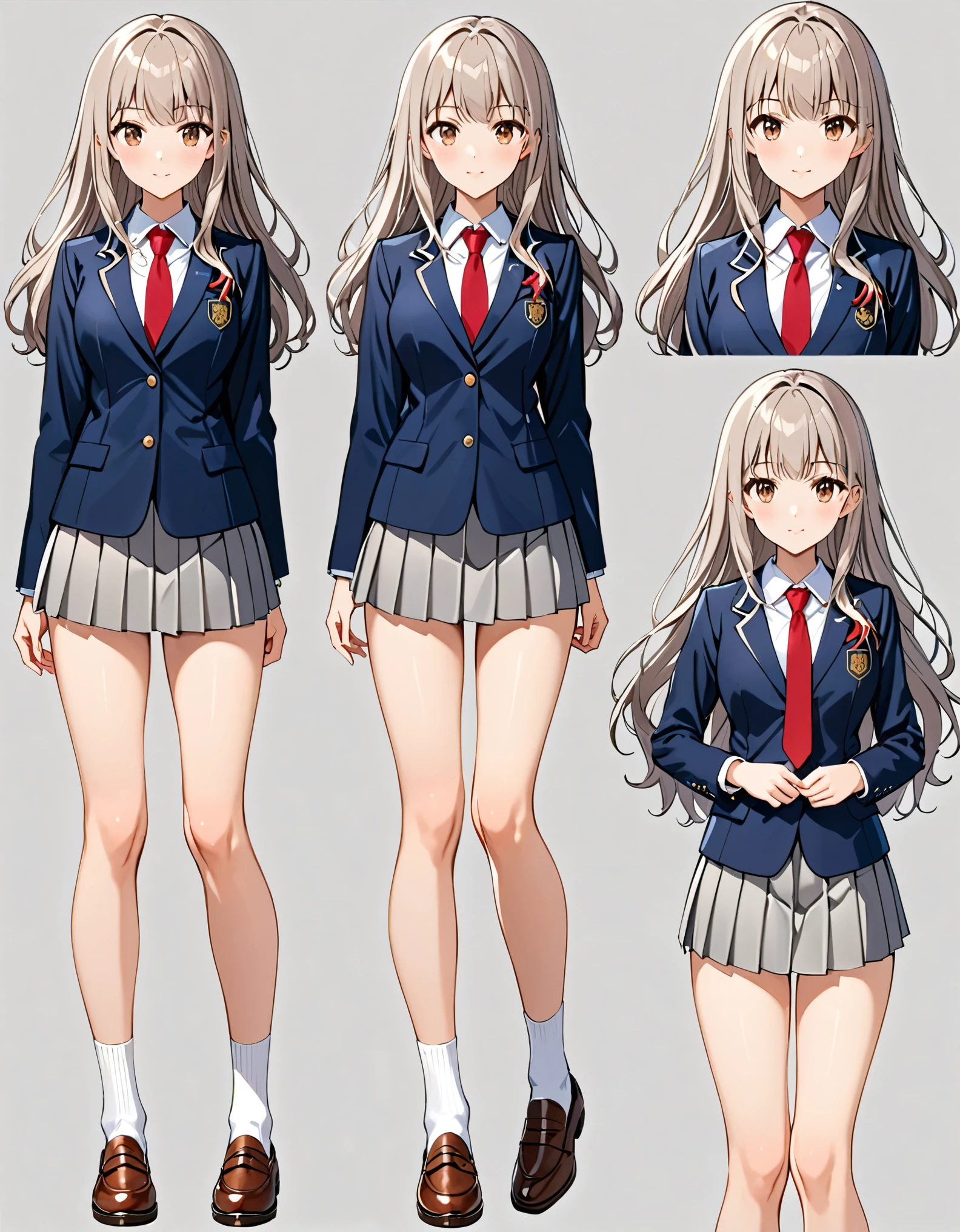1girl, tall body, high school student, suit, dark blue suit jacket, white shirt, (red ribbon necktie), grey pleated skirt, miniskirt, bare legs, white socks, brown shoes, light grey hair, hazel eyes, medium hair, long hair, bangs, beautiful detailed eyes, beautiful detailed face, cute face, medium breasts, perfect hands, complete fingers, perfect anatomy, perfect proportions, age 18, solo, solo focus, standing, Simple background, Multiple Views, Character Sheet Full-Length.
