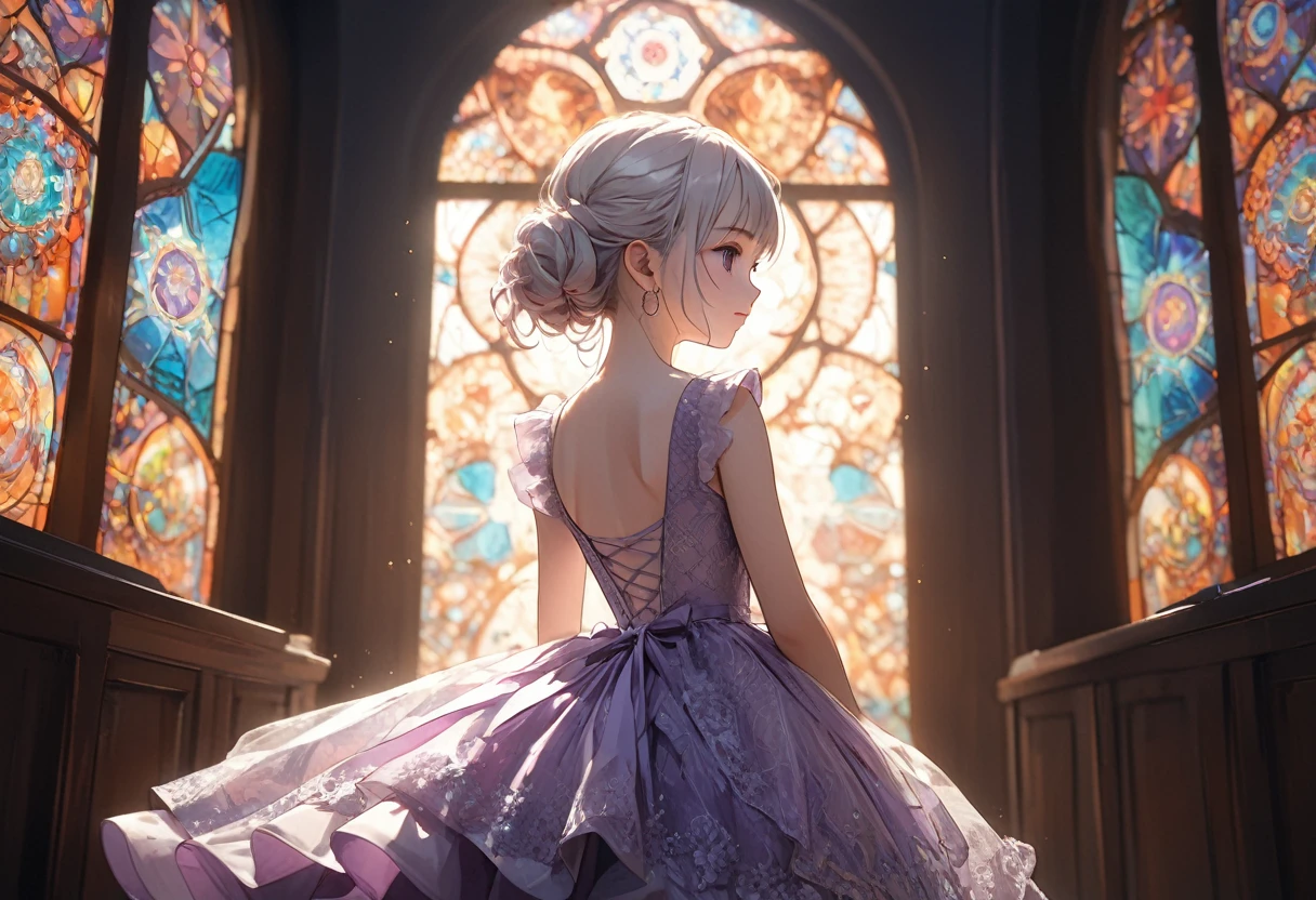 ((Masterpiece)), ((best quality)), ((kawaii)), ((extremely detailed)), (sketch:0.3), (RAW photo:1.2), (8K), (High Definition:1.3), (Professional Photography:1.2), cinematic lighting, (very aesthetic:1.2), (absurdres:1.2), (sharp focus), (perfect light), from behind, ((12 years old)), cute teenage girl, sad smile, (hoop dress), (Ruffled Dress), (lace), small breast, Super intricate lace pattern, colorful lace pattern, (stained glass background), kaleidoscope, light-up, bustier, open back, sexy posing, (pale silver hair), (deep purple eyes)