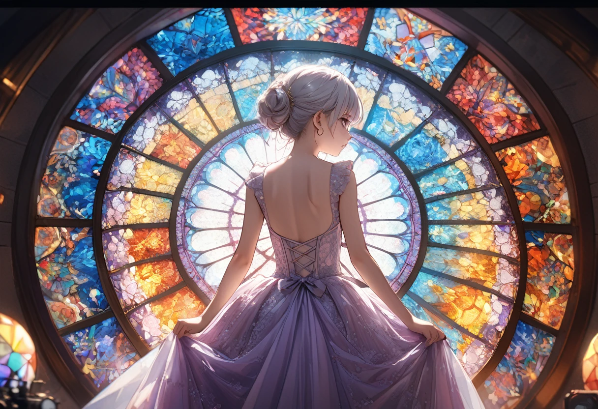 ((Masterpiece)), ((best quality)), ((kawaii)), ((extremely detailed)), (sketch:0.3), (RAW photo:1.2), (8K), (High Definition:1.3), (Professional Photography:1.2), cinematic lighting, (very aesthetic:1.2), (absurdres:1.2), (sharp focus), (perfect light), from behind, (()), cute teenage girld smile, (hoop dress), (Ruffled Dress), (lace), small breast, Super intricate lace pattern, colorful lace pattern, (stained glass background), kaleidoscope, light-up, bustier, open back, sexy posing, (pale silver hair), (deep purple eyes)