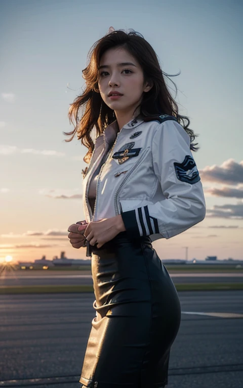 (best quality, 8K, 32k, masterpiece, Ultra HD:1.2), (Practical:1.5), (masterpiece, Highly detailed CG Unity 8K wallpaper, best quality, high resolution:1.2), (Very detailed, Ultra HD:1.2), Photo of extremely cute and beautiful Japanese Miss, (Maroon with long wavy hair:1.2), aldult,(full-body shot) (Detail of beautiful girl:1.4), best quality, Miss, aldult, (U.S. Air Force pilot details:1.5), (White pilot captain jacket:1.3), (White high waist pencil skirt:1.3), (Beautiful sunset US air force base runway landscape background:1.2), Laugh shyly:1, Looking at the audience, For the audience, ((Perfect Miss'body of)), (Tight waist:1.2), (Image of the entire body from the knees up:1.3), Thin, Abdominal muscles, (Beautiful breasts:1.25), Assembling the head, wind, Dynamic poses, light, Backlight, Beautifully dressed, Perfect anatomical structure, Perfect proportion, Detailed human body, Fashion model posing,Soft expression、Smile
