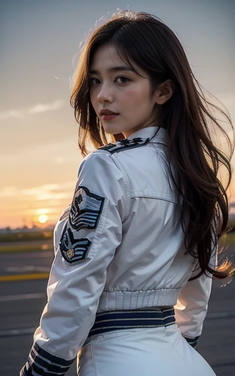 (best quality, 8K, 32k, masterpiece, Ultra HD:1.2), (Practical:1.5), (masterpiece, Highly detailed CG Unity 8K wallpaper, best quality, high resolution:1.2), (Very detailed, Ultra HD:1.2), Photo of extremely cute and beautiful Japanese Miss, (Maroon with long wavy hair:1.2), aldult,(full-body shot) (Detail of beautiful girl:1.4), best quality, Miss, aldult, (U.S. Air Force pilot details:1.5), (White pilot captain jacket:1.3), (White high waist pencil skirt:1.3), (Beautiful sunset US air force base runway landscape background:1.2), Laugh shyly:1, Looking at the audience, For the audience, ((Perfect Miss'body of)), (Tight waist:1.2), (Image of the entire body from the knees up:1.3), Thin, Abdominal muscles, (Beautiful breasts:1.25), Assembling the head, wind, Dynamic poses, light, Backlight, Beautifully dressed, Perfect anatomical structure, Perfect proportion, Detailed human body, Fashion model posing,Soft expression、Smile