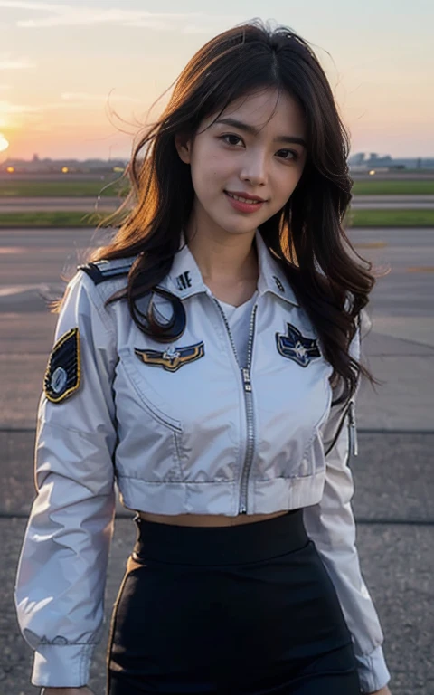 (best quality, 8K, 32k, masterpiece, Ultra HD:1.2), (Practical:1.5), (masterpiece, Highly detailed CG Unity 8K wallpaper, best quality, high resolution:1.2), (Very detailed, Ultra HD:1.2), Photo of extremely cute and beautiful Japanese Miss, (Maroon with long wavy hair:1.2), aldult,（full-body shot） (Detail of beautiful girl:1.4), best quality, Miss, aldult, (U.S. Air Force pilot details:1.5), (White pilot captain jacket:1.3), (White high waist pencil skirt:1.3), (Beautiful sunset US air force base runway landscape background:1.2), Laugh shyly:1, Looking at the audience, For the audience, ((Perfect Miss&#39;body of)), (Tight waist:1.2), (Image of the entire body from the knees up:1.3), Thin, Abdominal muscles, (Beautiful breasts:1.25), Assembling the head, wind, Dynamic poses, light, Backlight, Beautifully dressed, Perfect anatomical structure, Perfect proportion, Detailed human body, Fashion model posing,Soft expression、Smile