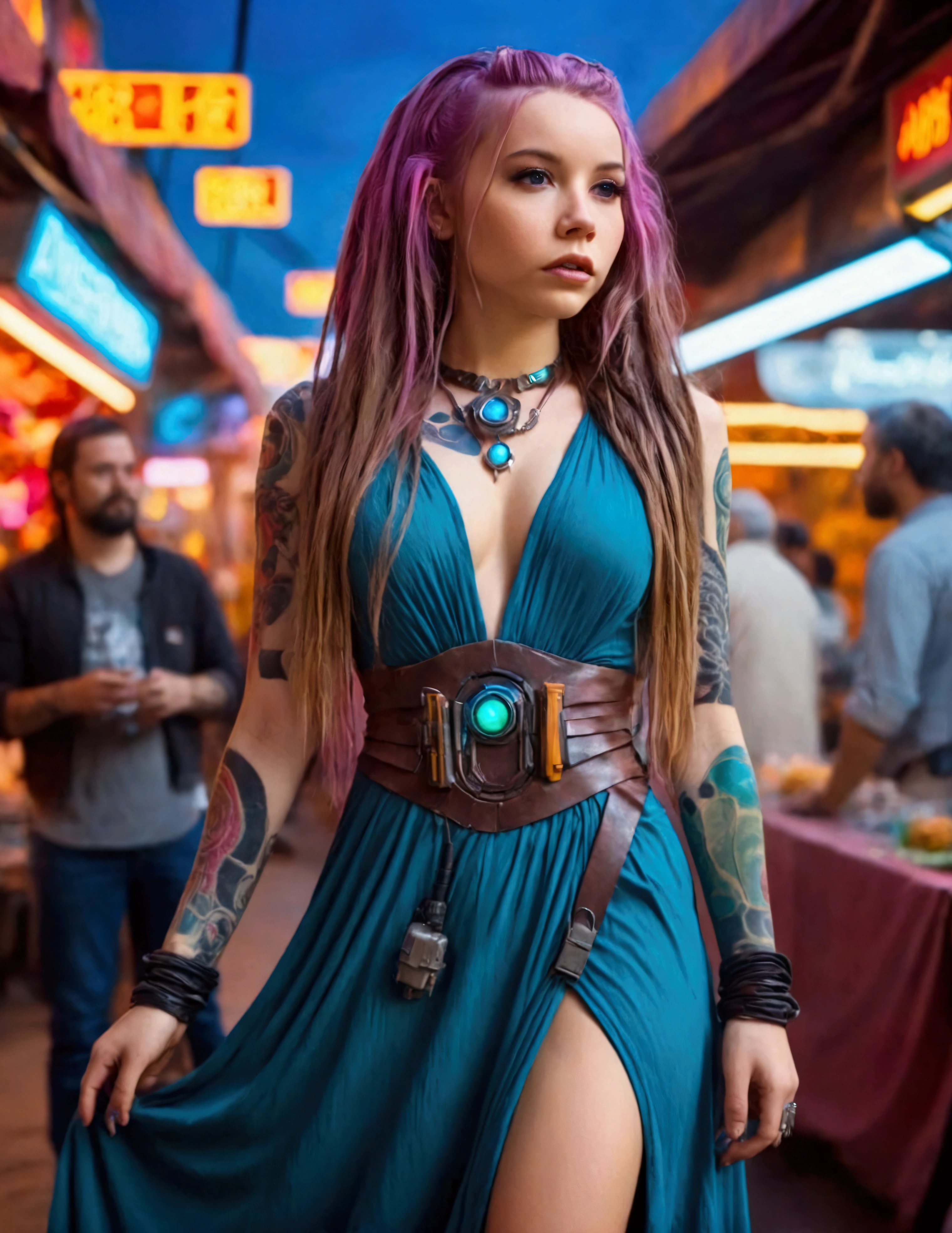 (Star Wars Punk)a lovely woman in an airy dress, marketplace on tattooine, aliens, star wars, cyberpunk, neon lights, crowd, futuristic, vibrant colors, detailed, photorealistic, 8k, high quality, cinematic, dynamic pose, beautiful girl, long flowing hair, intricate dress design, alien vendors, bustling marketplace, scifi atmosphere, dramatic lighting, advanced technologies, retro-futuristic, gritty urban, synergistic blend
