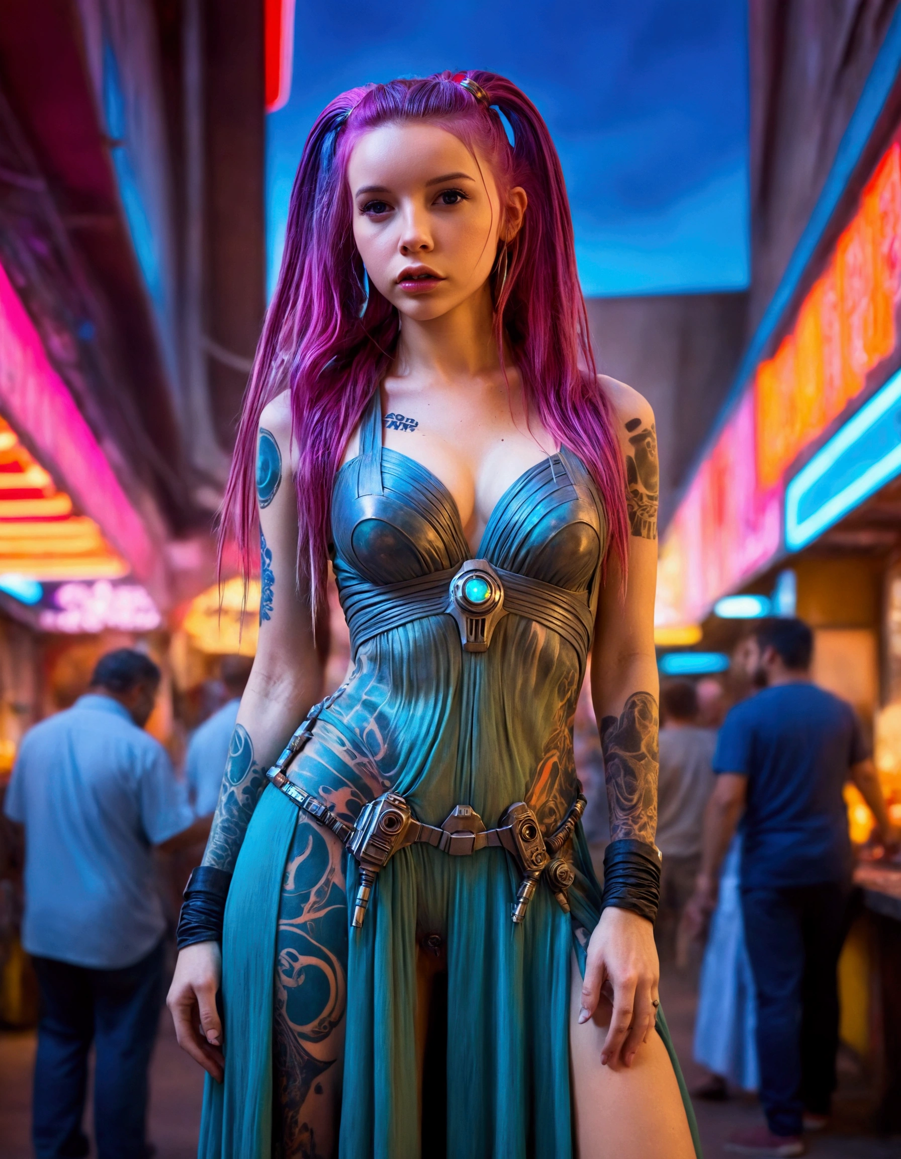 (Star Wars Punk)a lovely woman in an airy dress, marketplace on tattooine, aliens, star wars, cyberpunk, neon lights, crowd, futuristic, vibrant colors, detailed, photorealistic, 8k, high quality, cinematic, dynamic pose, beautiful girl, long flowing hair, intricate dress design, alien vendors, bustling marketplace, scifi atmosphere, dramatic lighting, advanced technologies, retro-futuristic, gritty urban, synergistic blend