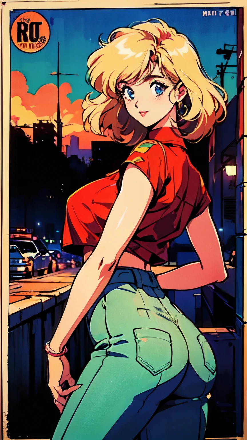 a drawing, (2D illustration 1.5), (2D gouache illustration 1.5), (cartoon 1.6), (cel shaded 1.6), , (vector style art 1.3), (flat shading 1.3), 1girl, complex background, looking at viewer, (wide hips 1.5), thick thighs, thin, slender, long hair, street, city, lips, eyes open, (perky breasts 1.5), [small breasts], pleated skirt, short skirt, (pasties 3), (topless), freckles, blonde, ponytail, embarrassed, blushing, upskirt