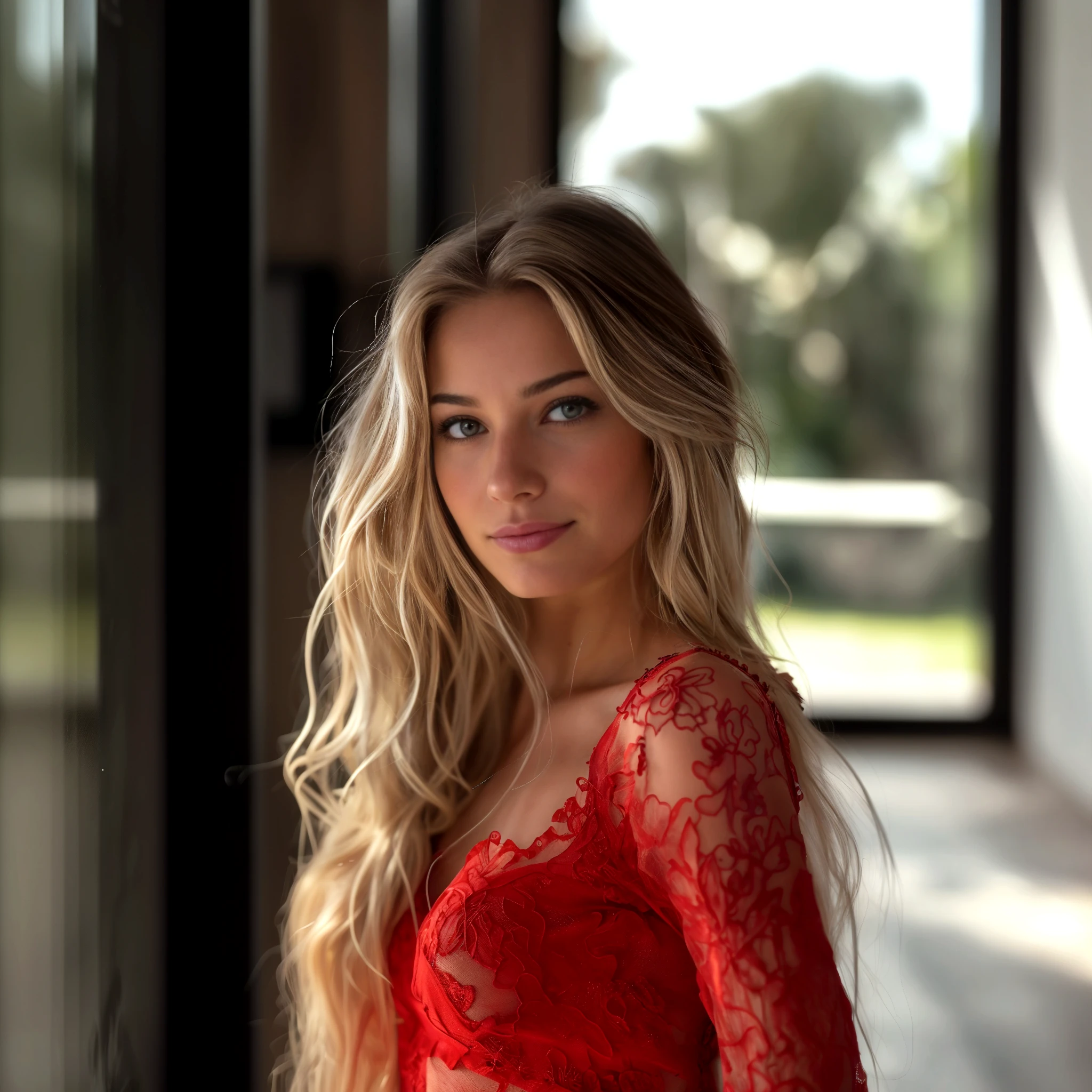 1 female, intense light blonde hairintense light blonde, straight hair, blue eyes, delicate face, pale skin, young, Smile, red dress, natural medium breasts, (low neck), full body, Cowboy Shot, Shapely breasts, realisitic, aperture 1.6, focusing, Surreal beauty, charming beauty, 8k