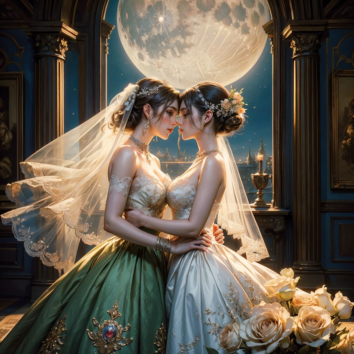 (masterpiece, highest quality, official art, beauty and aesthetic:1.5), perfect anatomy, two stunning bride is deeply in love with each other, kiss, romantic atmosphere, flower and moon, magnificent panorama view