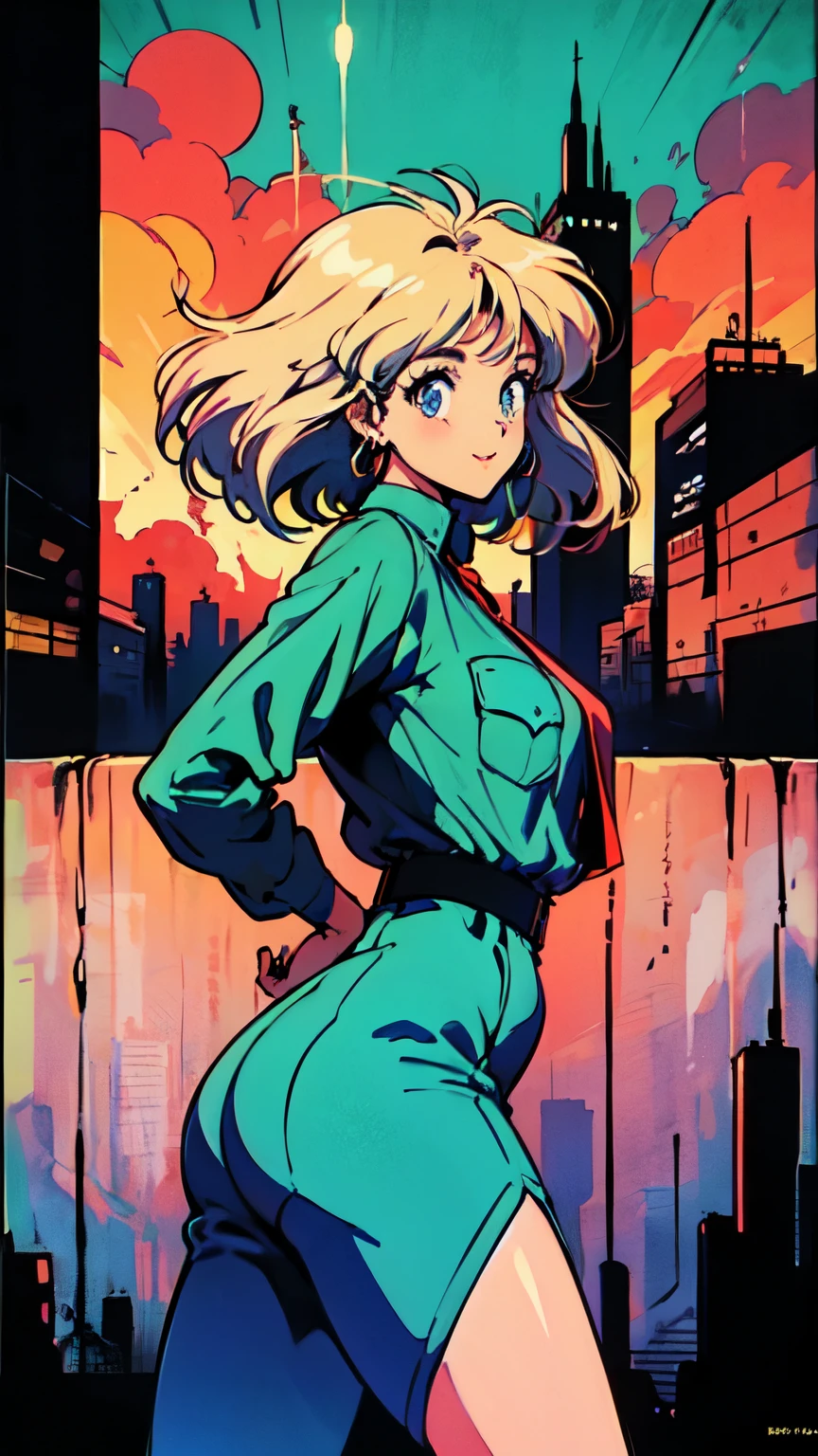 (80's, Retro, City Pop Poster:1.5), (Album cover), (masterpiece, Highest quality), (anime, figure), 
Best Photo Poses, Dynamic Angle, Cowboy Shot, blonde Russian girl, 19 years old, Large Breasts, Wide Hips, Perky ass, Round ass,
girl, alone, smile, A perfect eye for detail, Delicate face, blue eyes,
High Fashion, 