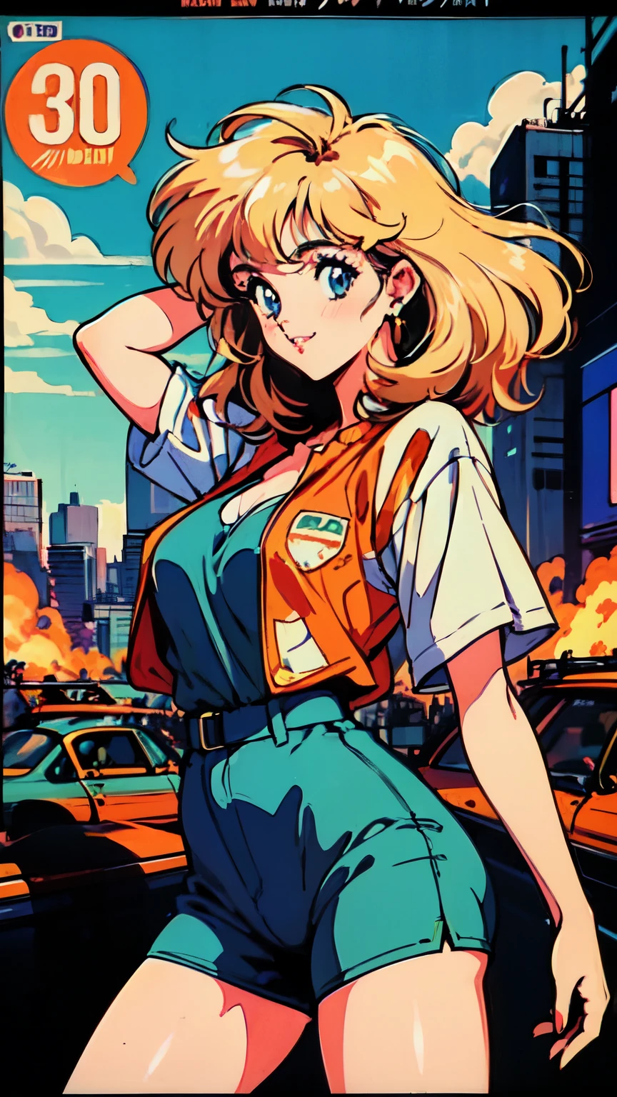 (80's, Retro, City Pop Poster:1.5), (Album cover), (masterpiece, Highest quality), (anime, figure), 
Best Photo Poses, Dynamic Angle, Cowboy Shot, blonde Russian girl, 19 years old, Large Breasts, Wide Hips, Perky ass, Round ass,
girl, alone, smile, A perfect eye for detail, Delicate face, blue eyes,
High Fashion, 