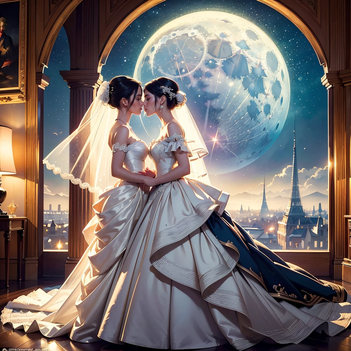 (masterpiece, highest quality, official art, beauty and aesthetic:1.5), perfect anatomy, two stunning bride is deeply in love with each other, kiss, romantic atmosphere, flower and moon, magnificent panorama view