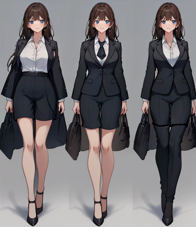 masterpiece: 1.6, Highest quality: 1.4, Live: 1.2, Intricate details: 1.2, 1 mature woman,28 years old,office lady,attractive office lady, alone, (Light brown hair), Long Hair, single ~ ~ sidelock, amount: 1.5, Deep blue eyes, Bright Eyes, Slender figure,Small breasts,Exposed thighs:1.7,Business Suit Style, (Black recruitment suit:1.5),White shirt, Full Body Shot, Multiple Views, front, return, ~ ~ side, performance, ((Character setting material collection, Different poses of the same character, Character Reversal: 1.5, Multiple Views)), arms behind return, Portraiture, Happy, Are crying, Get angry, smile