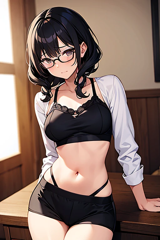 Embarrassed girl, with short curly black hair and glasses, in sexy underwear ,trying to cover herself