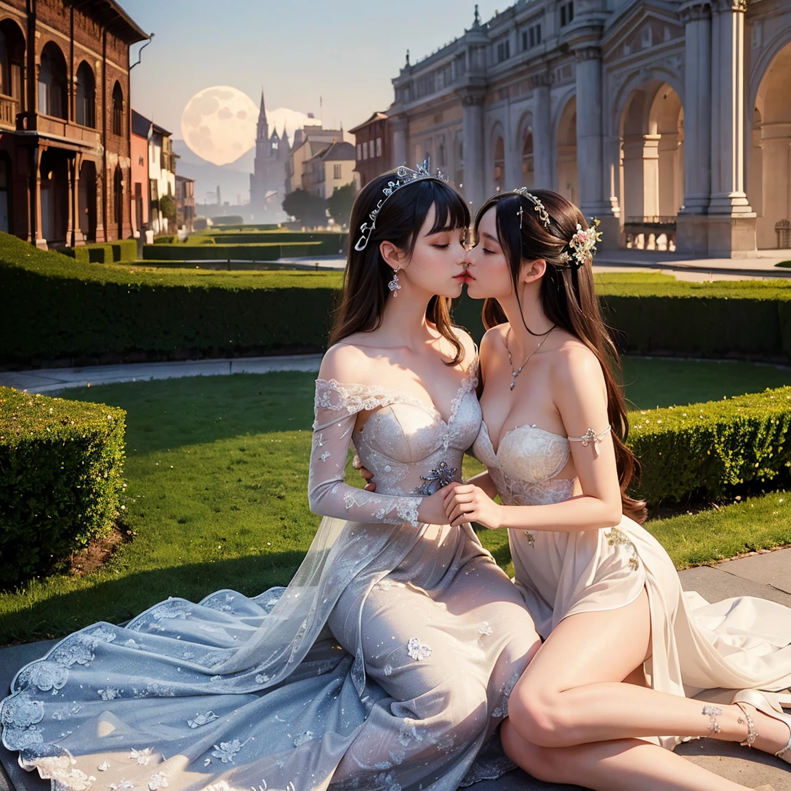 (masterpiece, highest quality, official art, beauty and aesthetic:1.5), perfect anatomy, two stunning bride is deeply in love with each other, kiss, romantic atmosphere, flower and moon, magnificent panorama view