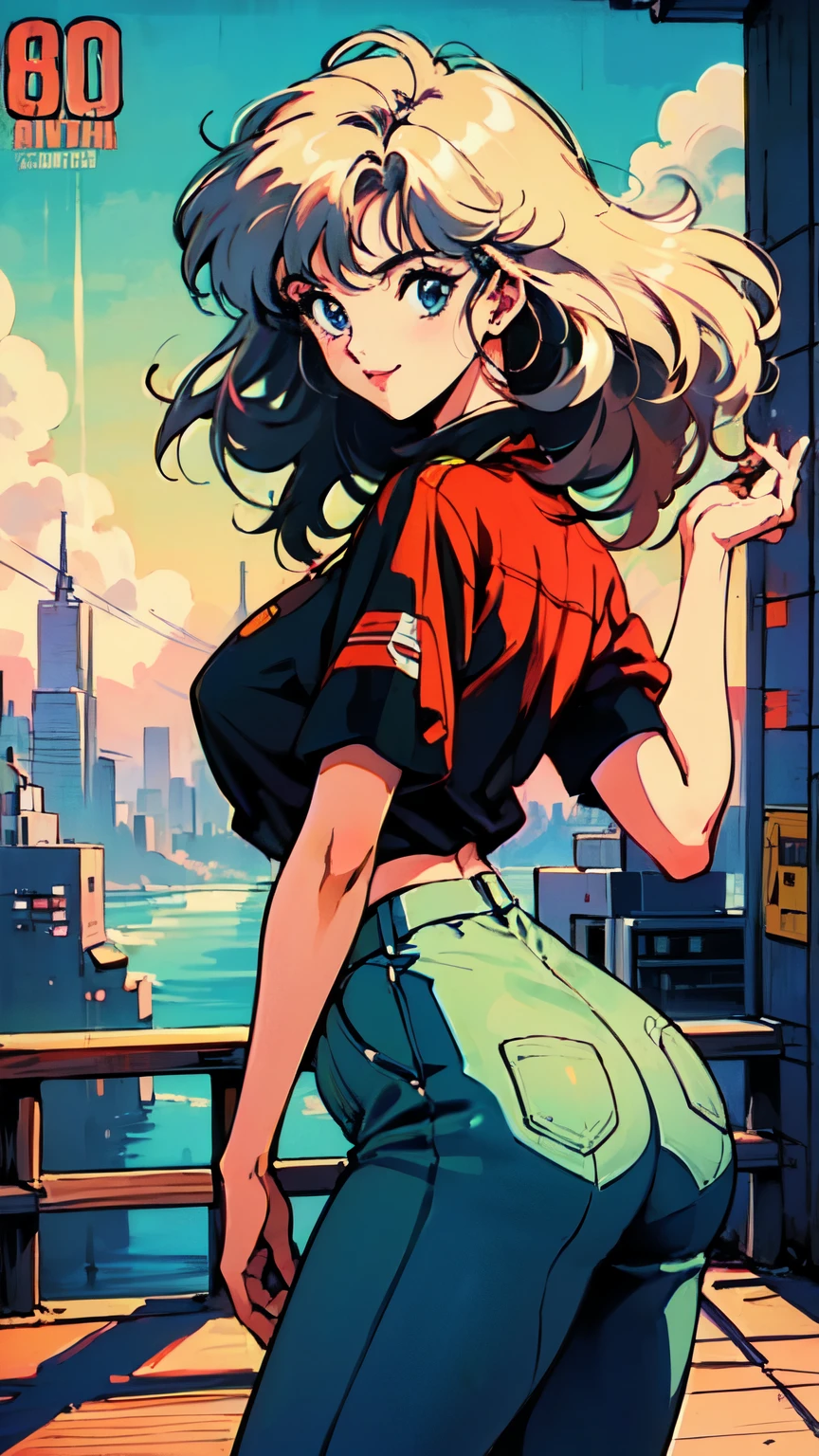 (80's, Retro, City Pop Poster:1.5), (Album cover), (masterpiece, Highest quality), (anime, figure), 
Best Photo Poses, Dynamic Angle, Cowboy Shot, blonde Russian girl, 19 years old, Large Breasts, Wide Hips, Perky ass, Round ass,
girl, alone, smile, A perfect eye for detail, Delicate face, blue eyes,
High Fashion, 
