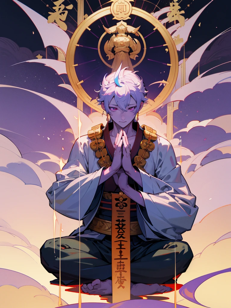 Dragon God Kannon Bodhisattva,Purple eyes, Horn, White shorthair, Black Armor, torii, male, Buddha, Praying with hands together, Zazen, Blue Flame, Lotus Field, pure land, 神Buddha融合