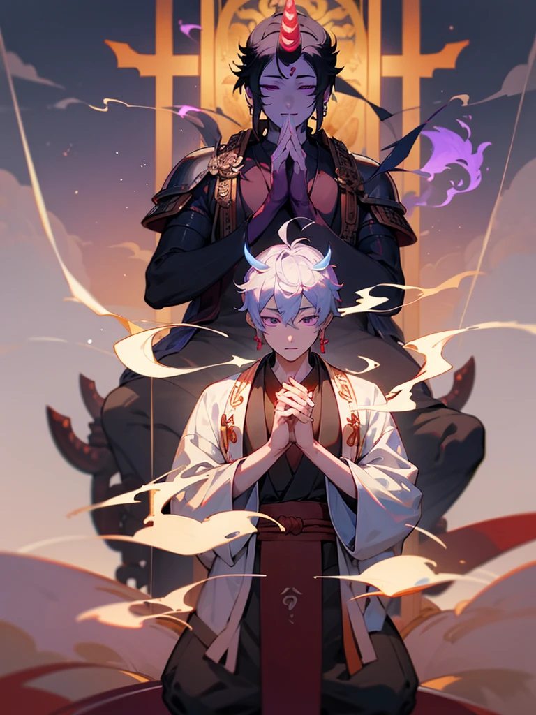 Dragon God Kannon Bodhisattva,Purple eyes, Horn, White shorthair, Black Armor, torii, male, Buddha, Praying with hands together, Zazen, Blue Flame, Lotus Field, pure land, 神Buddha融合