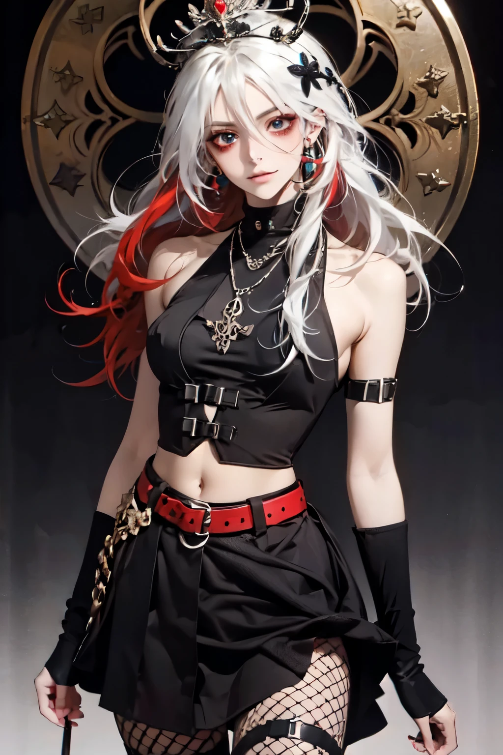 (masterpiece, best quality:1.2), 1girl, solo , emel , fishnet legwear , pantyhose , chain , midriff , black eyes , , O-ring , thigh strap , leg belt , black and white hair , 2 coloured hair , strap cloth , black hair , white hair , , flower , palace , asymmetrical dress , smirk , grin , red hair , teeth , smile , long hair , multi colour outfit , jewellery , head spike , crown , hair ornament ,