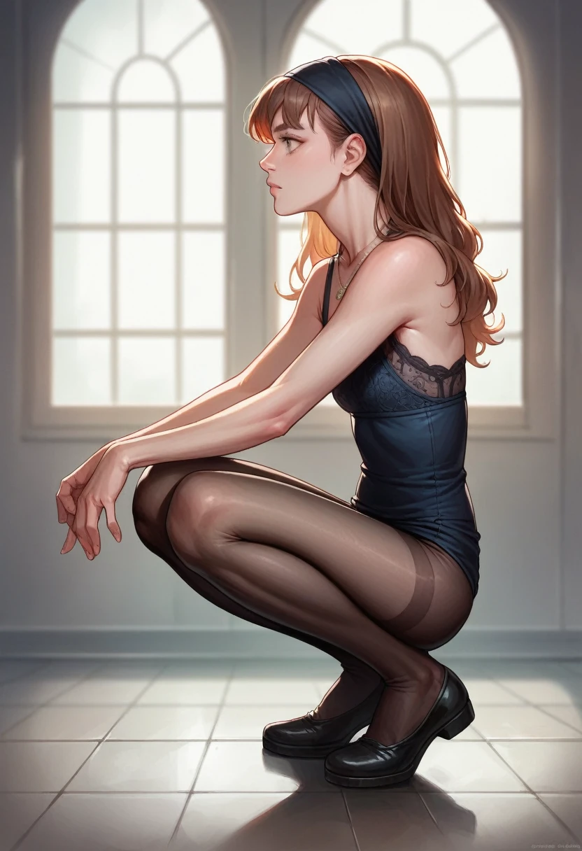masterpiece, high quality,Reality,1 Girl, Black lace, , Headband, Squat, Necklace,whole body, from the side, Skinny,Pantyhose, Glowing skin, Be picked up