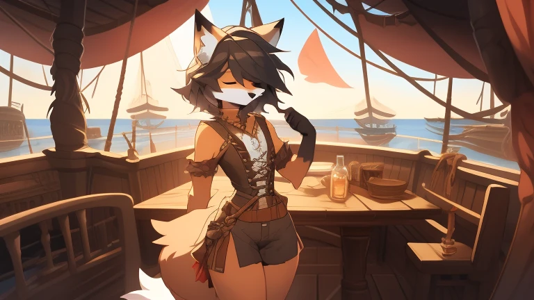 Best quality, super detailed illustration, warm colors, Ideal lighting, better detail, (fluffy fox boy:1.4) , feminine face and body, disheveled thick hair, pirate clothes, short shorts, black butterfly, Sleepy view, bags under the eyes, femboy, small waist, wide hips, slim, perfect body, style &quot;DND&quot;, pirate ship deck background