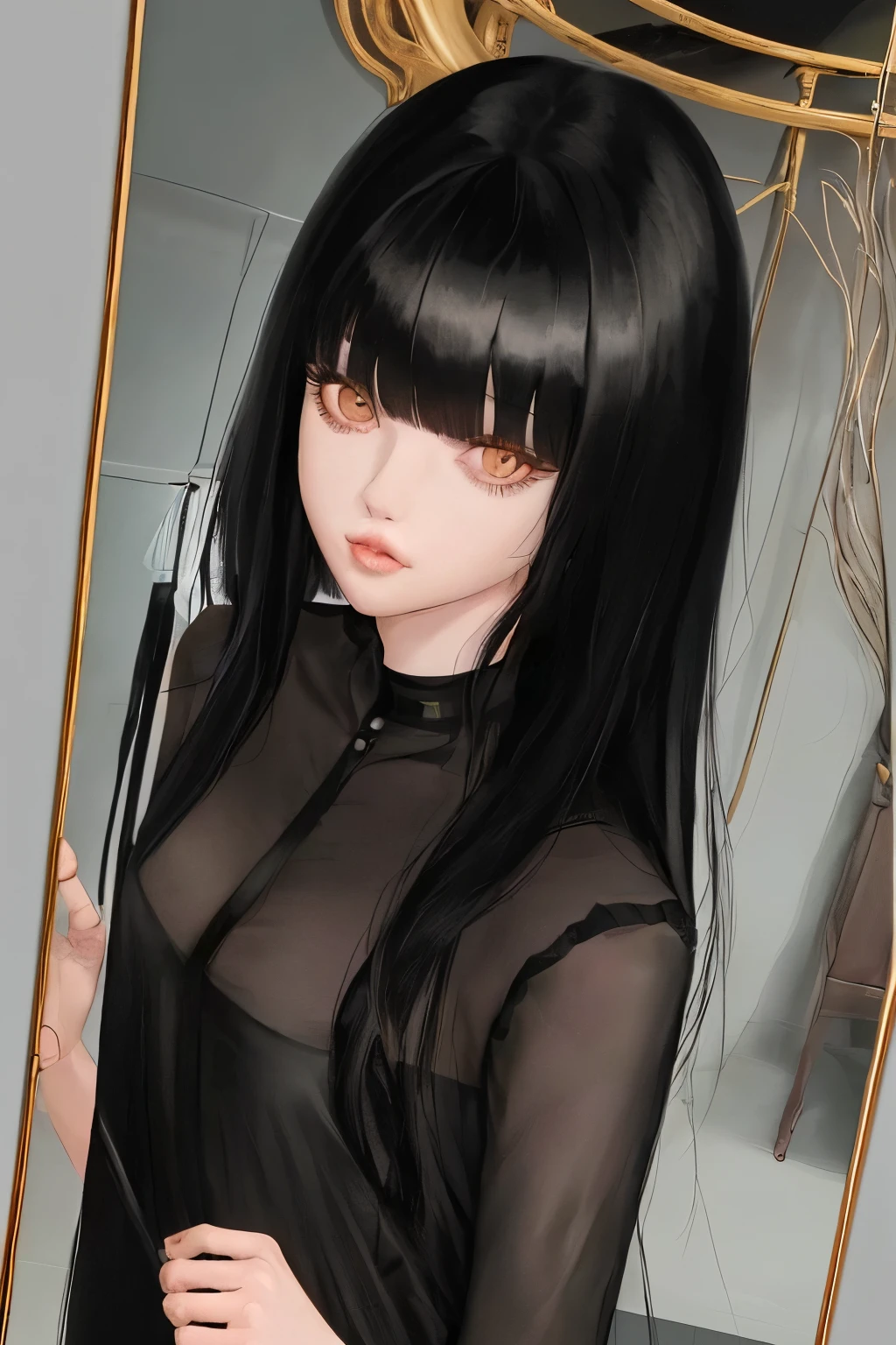 there is a woman taking a selfie in a mirror, ulzzang, long black hair with bangs, she has black hair with bangs, long dark hair with bangs, hair blackbangs hair, korean girl, long hair with bangs, long hair with full bangs, long straight bangs, neat hair with bangs, black wavy hair with bangs, black hime cut hair