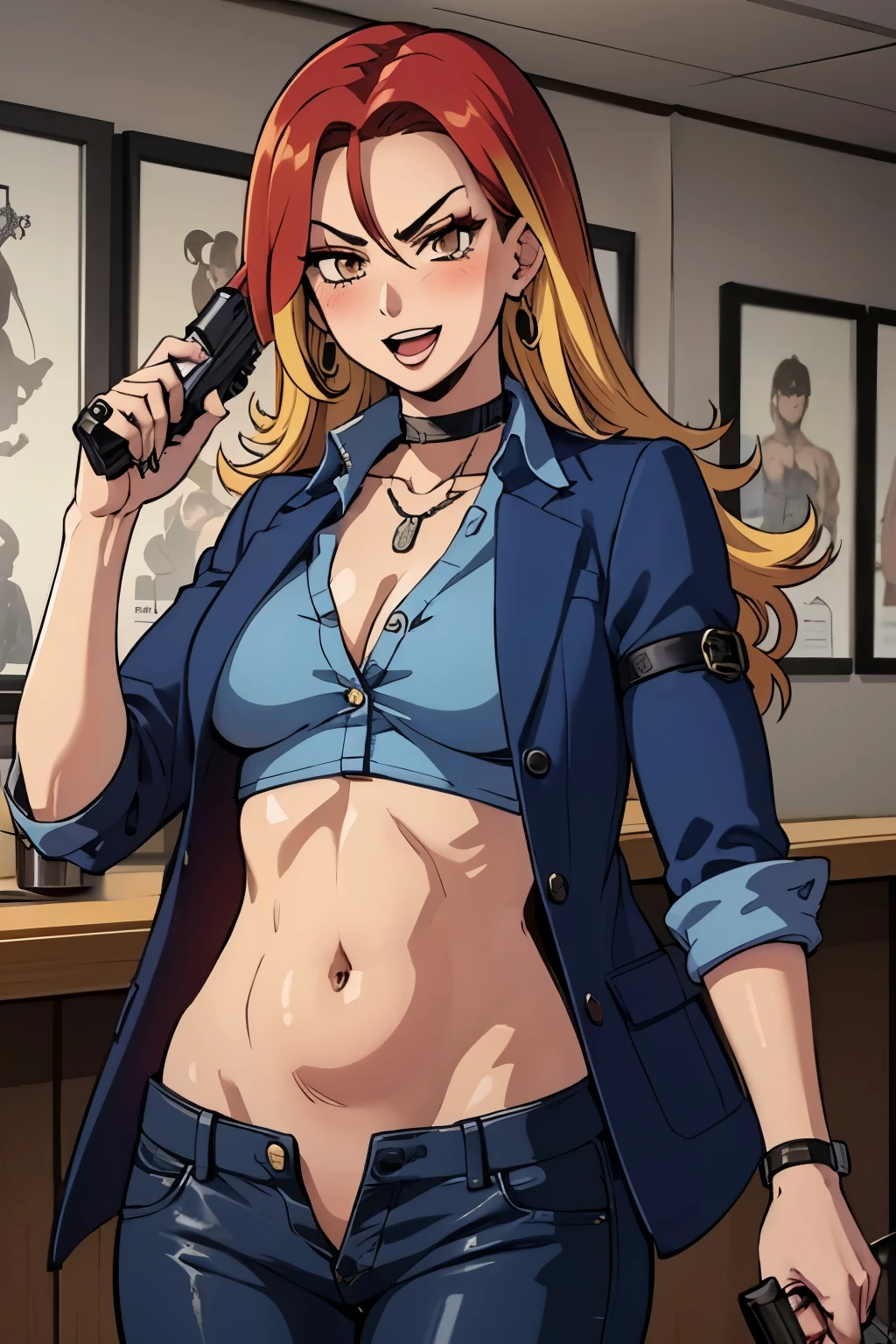 yumiif, blue jacket, choker, blonde hair, brown hair, multicolored hair, solo, 1girl, earrings, necklace, large breasts, long hair,, blush, lipstick, Hot girl, baddie, staring, glaring, bad attitude, mean girl, crazy, smoking, sensual, attractive, bar background, inside bar, indoor, black hair, long hair, hair between eyes, lipstick, makeup, black eyeshadow, detailed hair, detailed face, brown eyes, perfect eyes, perfect face, long hair, blush, lipstick, jewelry, earrings, masterpiece, best quality, highly detailed, a girls with a gun, evil smile , open mouth, sexy gaze, badass pose , evil smile, smile, guns blazing, anime girl with long hair, beautiful long haired girl, navel, evil expression, exposed belly, exposed navel, exposed midriff, exposed lower belly, long black pants, crop top, cleavage, unbuttoned leather pants ,open fly, low rise black leather pants, leather jacket, holding a gun, holding pistol, navel piercing,