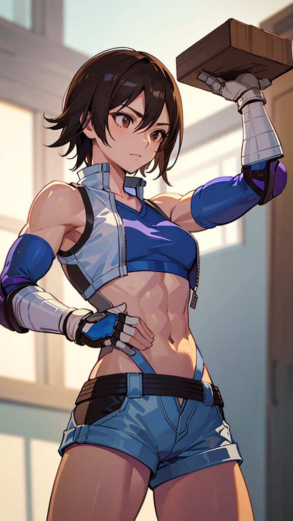 "(masterpiece、Premium Quality:1.2)、alone、1 girl(Kazama Asuka、Muscular Woman、Short brown hair、White skin、Brown eyes)、Cowboy Shot、A faint smile、Preparing for battle、Tight clothing、Great for sports、Crop top、Shorts、(gloves:1.1)、internal、Elbow pads、abdomen、Trained abdominal muscles、Trained biceps