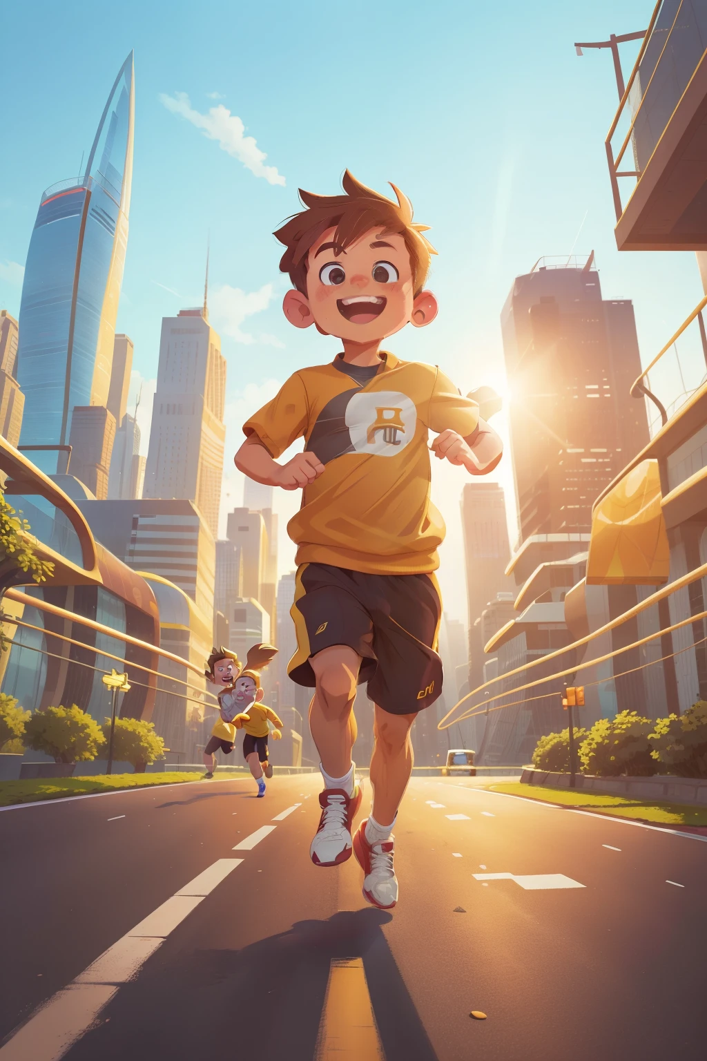 Handsome boy, with a radiant golden-brown hair cascading behind, is seen in a vibrant running pose, dressed in a stylish tracksuit. The road stretches out, leading towards the heart of the city, with skyscrapers and modern architecture forming an impressive backdrop. The sun is setting, casting a warm glow on the boy, who appears to be running with a joyful expression, as if he's in the midst of an exhilarating race. The image is presented in ultra-high definition, 8K, providing a striking sense of realism and detail in every aspect, from the boy's sweat-drenched hair to the intricate patterns of the cityscape