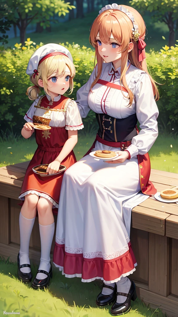 Mother prepares pancakes with her daughter in Russian national costume, Kokoshnik, summer, 4K, Overall plan, super high quality