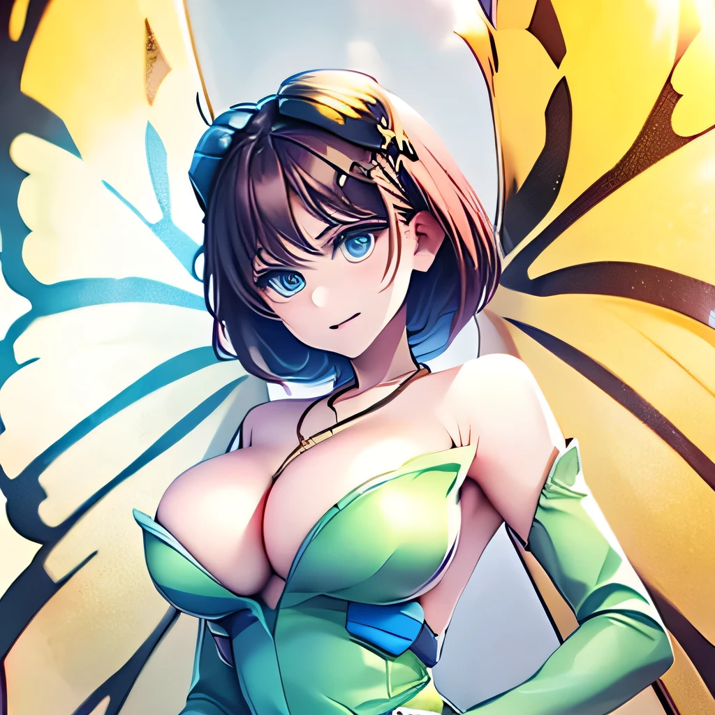  ((masterpiece,best quality,ultra-delicate,Perfect Face,16k,high resolution,very beautiful woman)),yellow butterfly wings on the head,brown medium short hair,black hair ornaments,green leotard,green long boots ,green long arm gloves, large breasts,gold necklace,seductive pose,cowboy shot