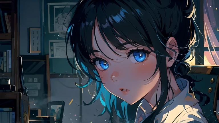 Create an illustration of a girl with black hair and blue eyes, sitting in a chair in front of a desk, Sentimental, Introspective look。, The moonlight gently shines into the room, Gently illuminate the space, Curtains sway in the wind, Increase tranquility, Dark mood, Emphasise the theme of loneliness, silence, And the depths of night, The room is dark、dimly lit by the moonlight
