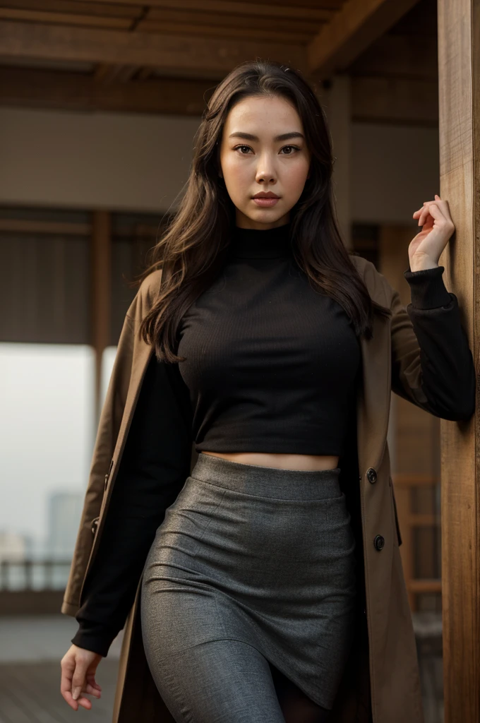 Jessica Henwick, beautiful detailed eyes, beautiful detailed lips, extremely detailed face, long eyelashes, brown coat, black t-shirt, tight skirt, tights, realistic, photorealistic, photo-realistic:1.37, best quality, 8k, highres, masterpiece:1.2, ultra-detailed, vivid colors, natural lighting, cinematic composition, elegant, graceful pose, minimal background, detailed fabric textures