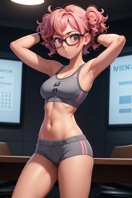 Embarrassed girl, with short curly pink hair and glasses, in sexy gray sport underwear ,trying to cover herself