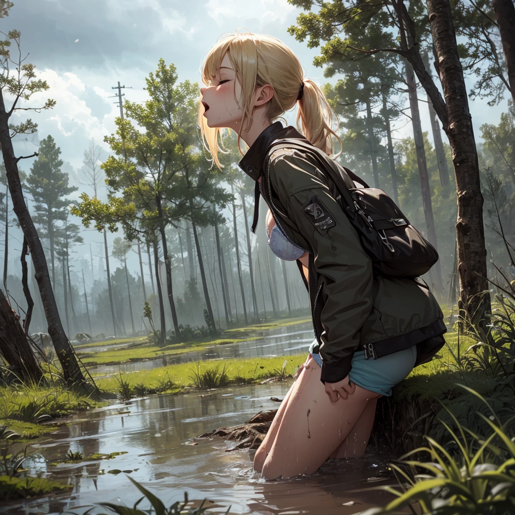 Solo, 1girl, drowned in mud, bog, grass, trees, muck, orgasm, looking up, eyes closed, mouth open, stormy weather, Solo, From Side, blonde hair in ponytail, wearing bra and panty