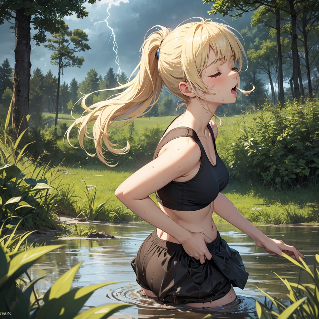 Solo, 1girl, drowned in mud, bog, grass, trees, muck, orgasm, looking up, eyes closed, mouth open, stormy weather, Solo, From Side, blonde hair in ponytail, wearing bra and panty