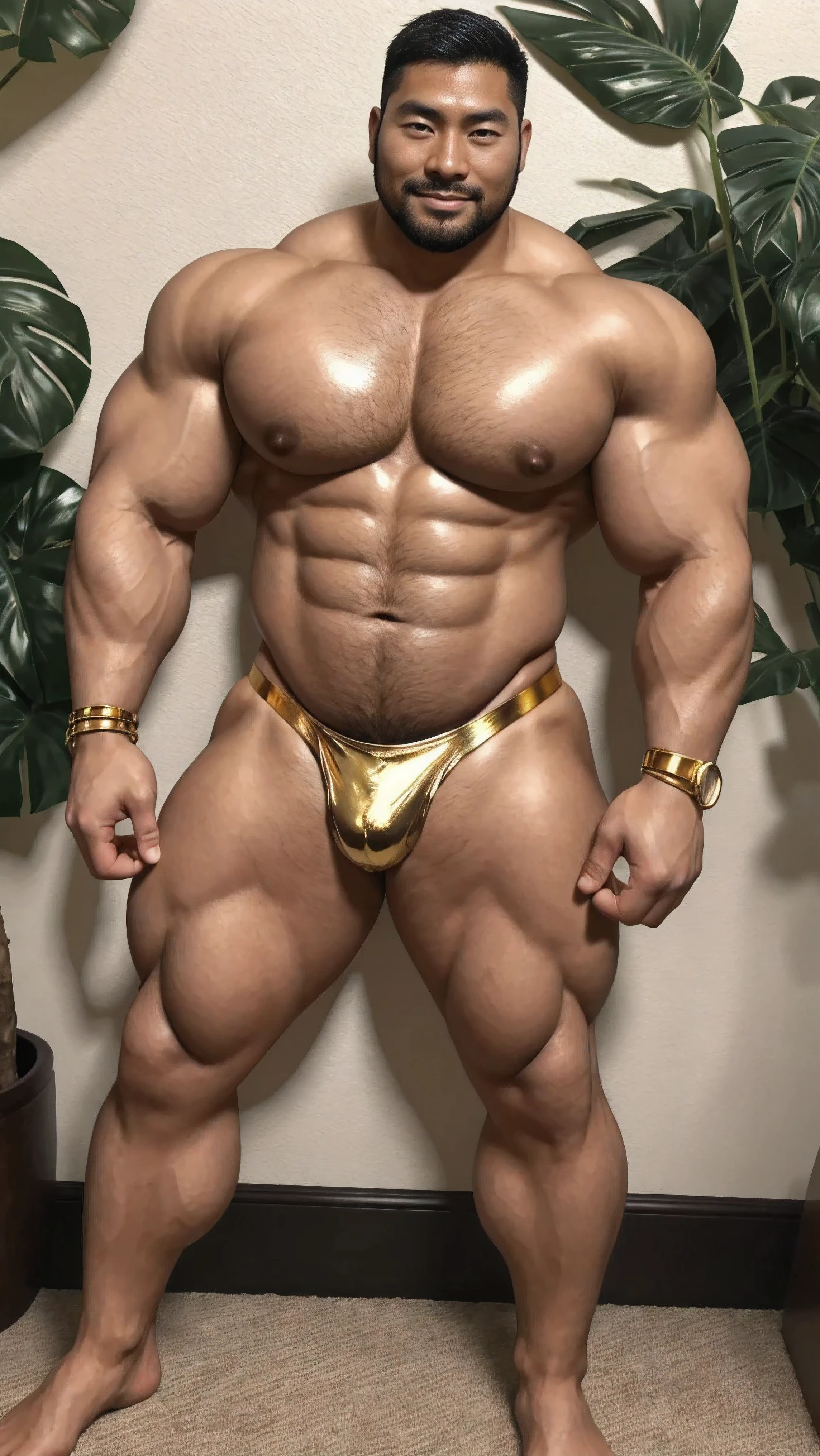There is only one handsome Chinese man in the photo,35 years old,tall, Fitness,Smooth body,Smooth skin,No chest hair,short hair, O-Shaped Beard,Perfect body, Dark skin color,Radiant Skin,Smooth skin,Shiny, shiny skin,Smooth pectoral muscles,Muscle bulge, muscular, Very large pectoral muscles,Very sexy abdominal muscles,Very well-developed leg muscles,Huge concave and convex area,Brightens oily skin,Wearing a shiny gold leather thong,Handsome face,Normal human toes,Correct and accurate male body proportions,Gold bracelet,Gold anklets,Standing in front of Monstera leaves。