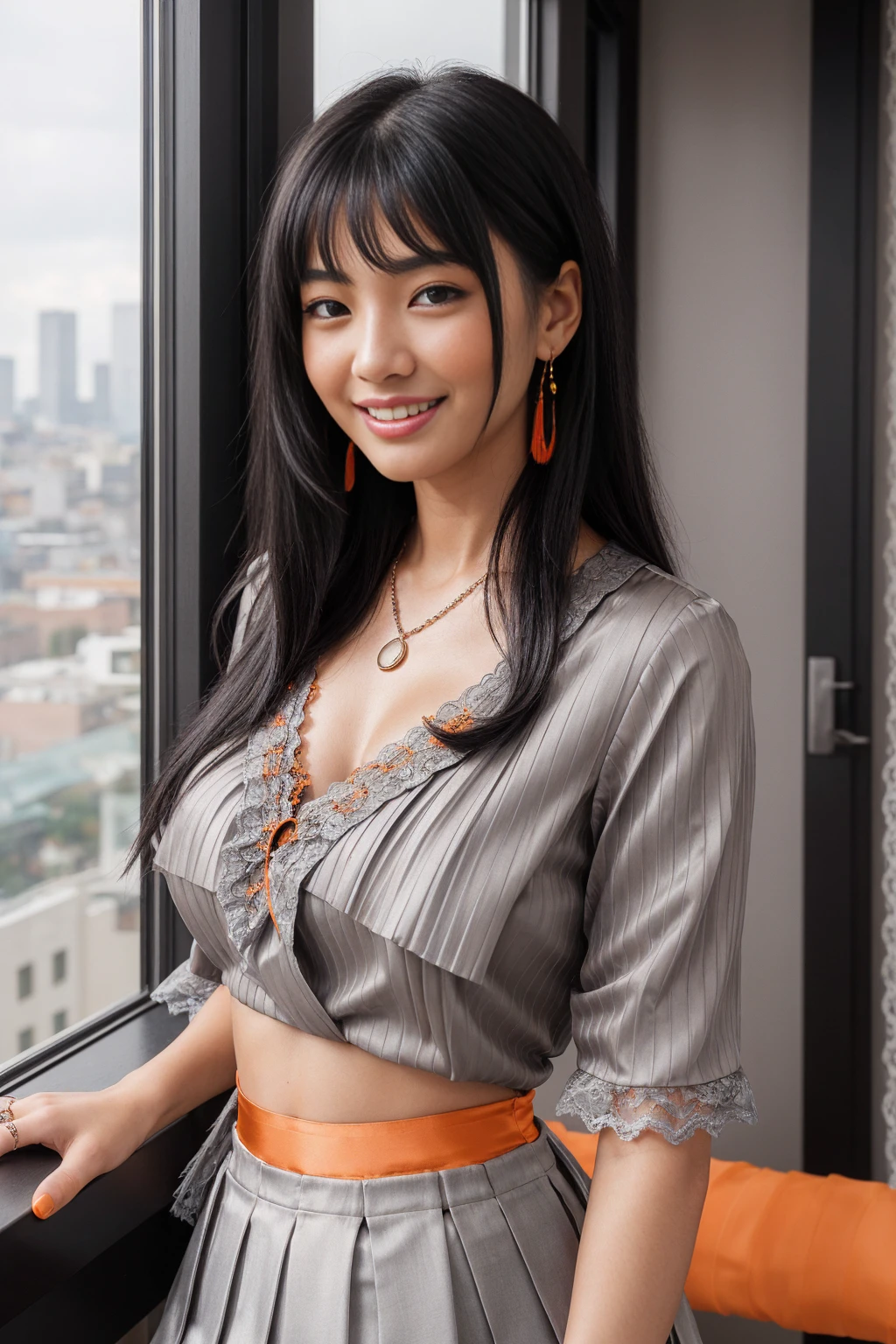 Half-length glamour portrait, nikon D850, f1.6 lens, 200mm, DSLR, 22 Megapixels, (((Urban loft with panoramic city views scene))), shot of a stunning 19 years old korean girl, (smile:1.4), (wearing Light gray lace blouse with Orange pleated satin midi skirt:1.6), ((seductive pose)), hot girl, (((big natural breasts))), (((black fringe hair))), (small girl), symmetrical face, photorealistic, photography, (bright natural lighting), gorgeous, deep cleavage, (masterpiece), best quality, high resolution, extremely detailed, cinematic lighting, (((very narrow waist))), rich colors, hyper realistic, lifelike texture, ((jewelry)), (((She has beautiful hands and wears rings))), (bracelet), (necklace), (ankle chain), (nail polish) (earrings), Fuji Superia 200, 8k
