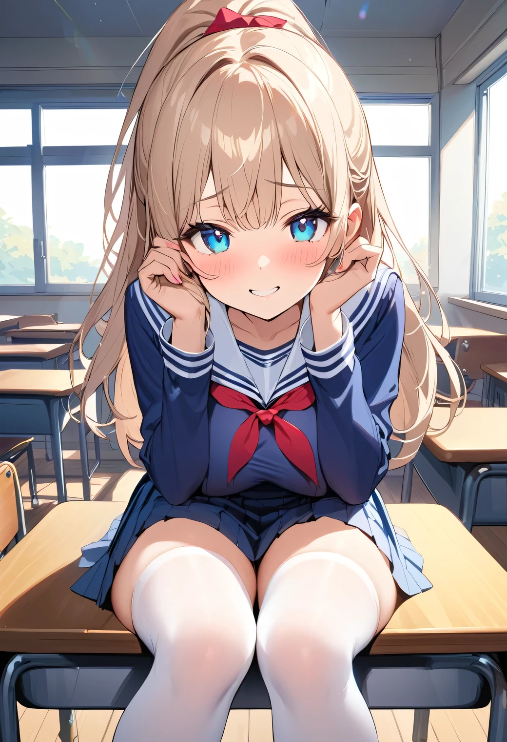 Anime girl sitting at classroom desk at blackboard, beautiful anime high school girl, cute anime girl, white panties,pretty girl, seductive anime girl, anime moe art style, Beautiful anime girl squatting, anime best girl, Smooth anime CG art, attractive anime girl, cotton panties,surreal high school girl, young anime girl