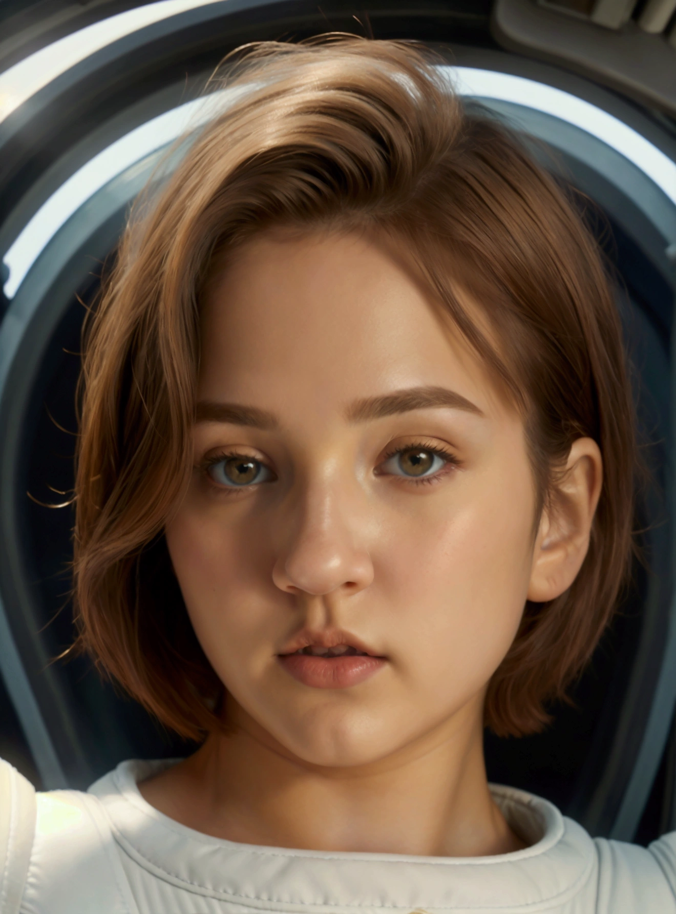 highest quality、masterpiece、ultra high resolution、(real:1.4)、Beautiful woman１、Beautiful details of eyes and skin、light brown short cut hair、perfect space suit、spaceship、macrocosm、Remains、rocky mountain、cloudy sky、