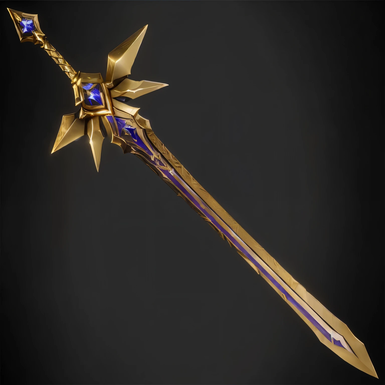 a close up of a sword with a star on it, fantasy weapon, huge sword, gold sword, huge oversized sword, large sword, intricate fantasy spear, fantasy sword, fantasy sword of warrior, legendary sword of technology, medievil spear, big sword, greatsword, giant sword, golden sword, epic fantasy weapon art, rpg item render, realistic lance