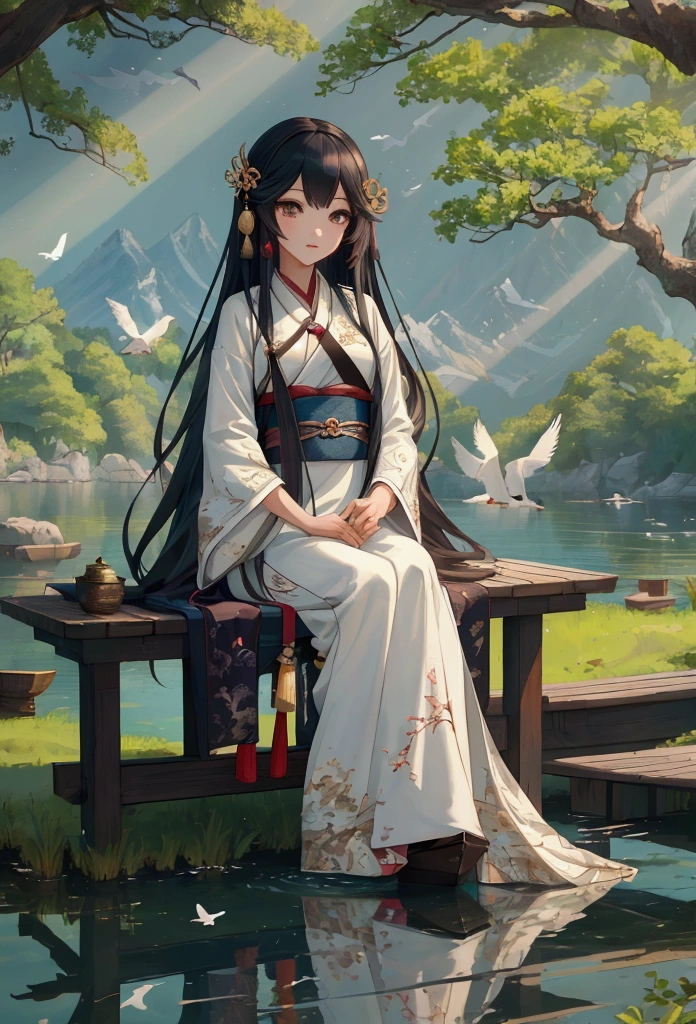 shan,watercraf11t,boat,bird,tree,scenery,water,lake,mountain,outdoors,reflection,nature,river, (masterpiece:1.3), (best quality:1.3), 1girl, deressed in hanfu (kawaii background:1.3),(extremely detailed fine touch:1.3),(hard light, studio light, light rays, dappled light, reflection, shadows, ray tracing:1),