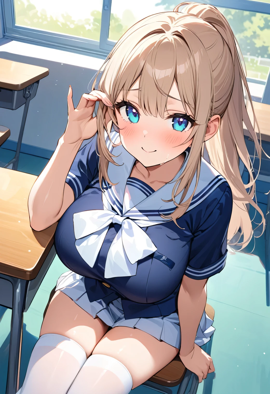 (masterpiece:1.5、highest quality), (Realistic, photoRealistic:1.4), Beautiful illustrations, (Natural Side Lighting, Cinema Lighting), Browsing Caution,
View your audience, Cowboy Shot, Front view:0.6, 1 girl, Japanese, high School girl, Perfect Face, Cute and symmetrical face, Shiny skin,
(Long Hair:1.8, Straight hair:1.7, blonde), Asymmetrical bangs, Purple eyes, (Huge breasts、Thick thighs),
Beautiful Hair, Beautiful Face, Beautiful details, Beautiful clavicle, Beautiful body, Beautiful breasts, Beautiful thighs, Beautiful legs, Beautiful fingers,
((Light blue collared shirt, Navy Pleated Mini Skirt, socks, To the Navy, Light brown cardigan, Knee socks)), Pink Panties,
(Beautiful views), evening, School, classroom, curtain, walking, Place your hands between your legs, vibrator in Knee socks, (Cute Smile, Upward glance), My crotch is wet too)),, (Groin tattoo:1.1),, Wicked Smile, Ahegao, blush, Sweat gushing, Open your mouth, Roll your eyes, Drooling, Sticking out tongue,, (Female ejaculation:1.4),Squat,Spread your legs in an M shape