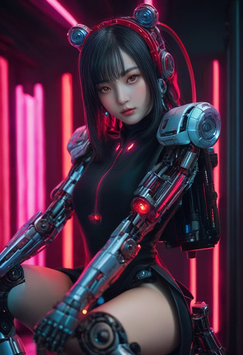 xxmixgirl. Highly detailed professional 35mm film, bokeh, face in sharp focus. A robotic female, Miku, with ((metal skin)), ((perfect Asian eyes)) with magenta irises and ((black pupils)), beautiful serious (detailed face), 18 year old ((photorealistic face)), very long magenta twin tails of magenta hair, twin black hair ties with a single red stripe. She may have a black audio headpiece. We can see her ((full body)) down to her boot soles. Her outfit is a sleeveless collared light grey shirt, outlined in red around the frilled collar and hems. Shiny reflective ((metallic breast cups, dimpleless)), invisible nipples. She wears black sleeves with red hems that start around her upper arm and bellow out as the sleeves open and extend to her wrists, with wide trumpet red rimmed cuffs. She has perfect robotic (detailed hands). She wears a red colored tie with two horizontal solid parallel black lines halfway across. She wears a fabric black skirt with a horizontal red hem at the bottom all the way around; her (((black skirt wraps around her))) and ((her skirt completely covers)) her robotic waist and thighs. Tall black boots with red bottom soles, a red rim around the top at her thighs. Her mechanical shoulder joints are visible. We can see her robotic legs and robotic neck. Half of her is covered with shiny polished machinery. The background is a distant dark neon futuristic Japanese city, gold, cyan, violet neon, near harbor or mountains.