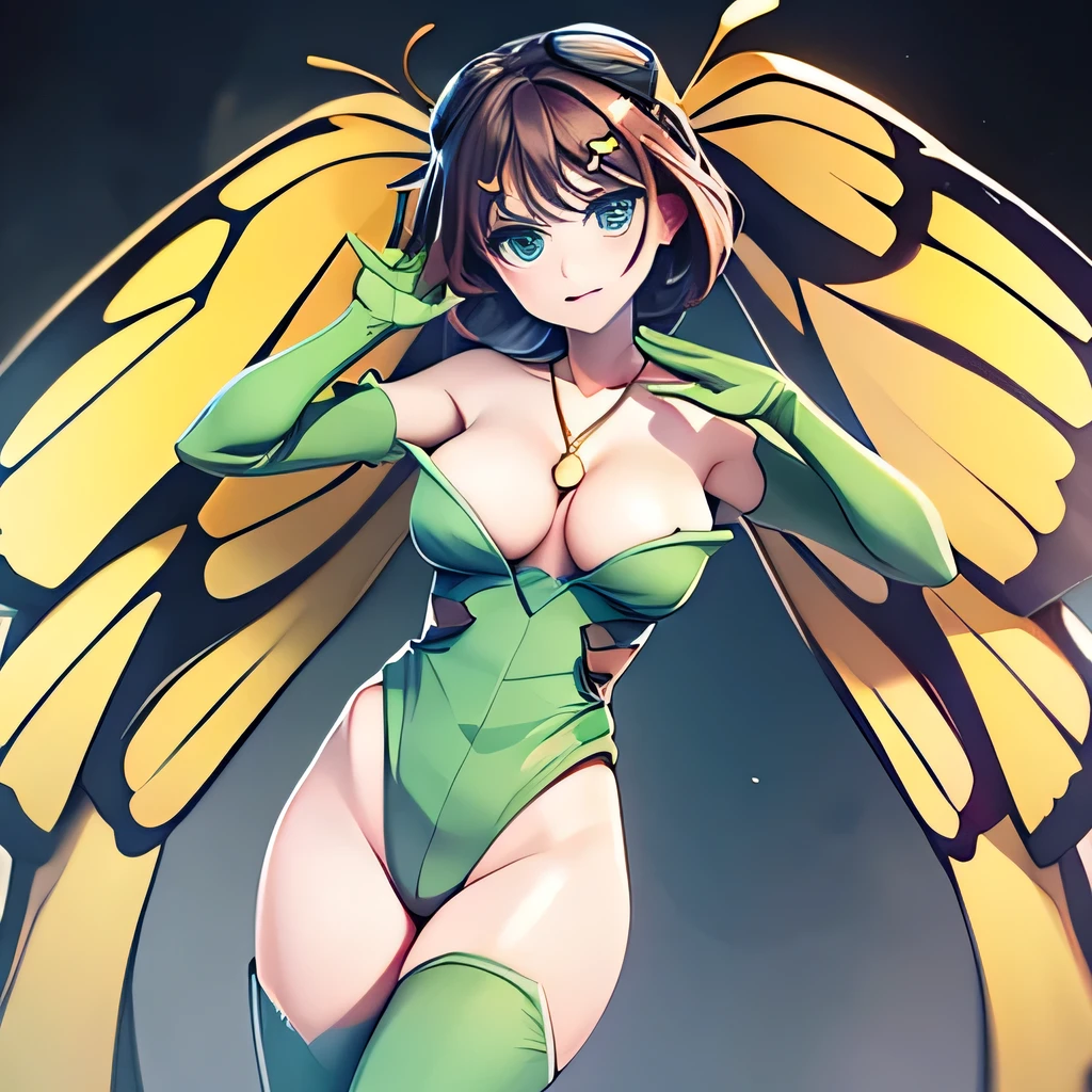  ((masterpiece,best quality,ultra-delicate,Perfect Face,16k,high resolution,very beautiful woman)),yellow butterfly wings on the head,brown medium short hair,black hair ornaments,green leotard,green long boots ,green long arm gloves, large breasts,gold necklace,seductive pose,cowboy shot