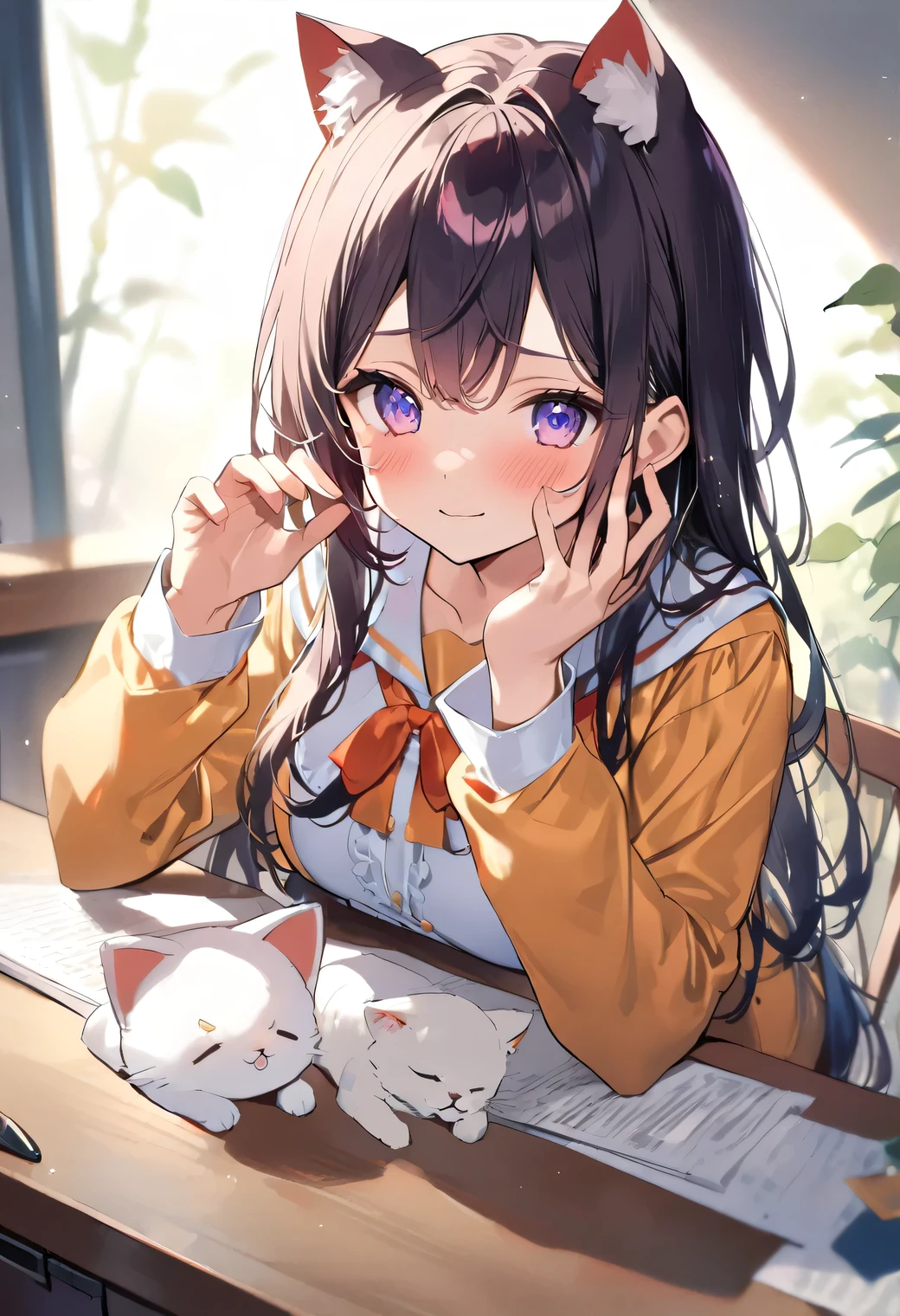 Highest quality、High resolution、Detailed Background、Beautiful face in every detail、Teenage beauty、Highly detailed face、Huge breasts、Light color hair、Bobcut、ponytail、Perfect body line、Navy blue sailor suit、White sailor collar、Pleated mini skirt、White Stockings、
(A beautiful girl sitting at a desk in the classroom and looking at me:1.5)、
An innocent smile、Looking up、Embarrassed expression、Slightly watery eyes、The gesture of tucking hair behind the ear or touching smooth hair、
Bowing gesture、Imitating animals like puppies and kittens can make you look cute.、cute